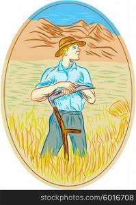 Drawing sketch style illustration of wheat organic farmer with scythe looking to the side set inside oval shape with mountain and field in the background.