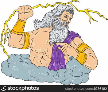 Drawing sketch style illustration of Zeus, Greek god of the sky and ruler of the Olympian gods wielding holding a thunderbolt lightning looking to the side set on isolated white background.