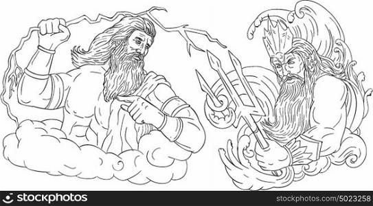 Drawing sketch style illustration of Zeus, Greek god of the sky and ruler of the Olympian gods wielding holding a thunderbolt lightning versus poseidon holding trident surrounded by waves viewed from the side set on isolated white background done in black and white.