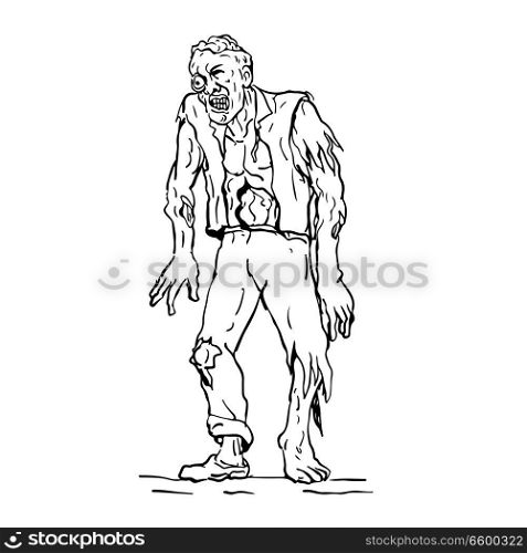 Drawing sketch style illustration of zombie, a fictional undead being created through the reanimation of a human corpse, walking viewed from front.. Zombie Walking Front Drawing