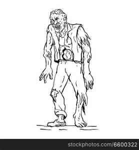 Drawing sketch style illustration of zombie, a fictional undead being created through the reanimation of a human corpse, walking viewed from front.. Zombie Walking Front Drawing