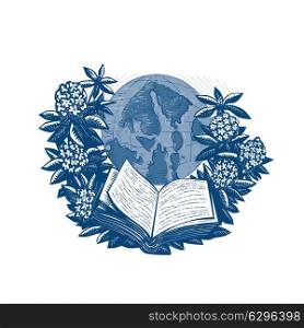 Drawing sketch style illustration showing map of Orcas Island on globe framed by Rhododendron flower and leaves with open book below on isolated background.. Orcas Island Map Book Rhododendron Drawing