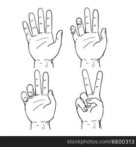 Drawing sketch style illustration showing the sequence progression of a human hand doing a two finger V or Victory sign or peace sign symbol. . Victory or Peace Hand Sign Drawing