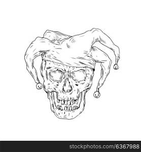 Drawing sketch style illustration skull of a medieval jester, court jester,professional joker or fool, an entertainer during the medieval and Renaissance era, on isolated background.. Court Jester Skull Drawing