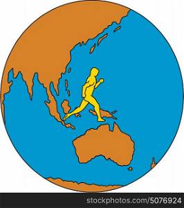 Drawing sketch style illustrations of marathon triathlete runner running viewed from the side set inside globe showing Asia Pacific and the world.