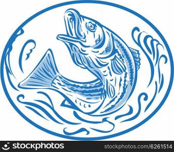 Drawing sketch style illustratoin of a rockfish also called striped bass ,Morone saxatilis, Atlantic striped bass, striper, linesider, pimpfish or rock jumping up set inside oval shape.