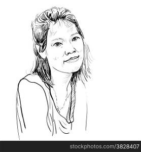 Drawing sketch vector of asian girl portrait on white