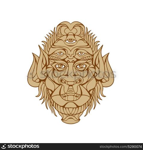 Drawing style illustration of a Five-eyed mythological Monster Head viewed from front. Five-eyed Monster Head Drawing