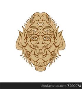 Drawing style illustration of a Five-eyed mythological Monster Head viewed from front. Five-eyed Monster Head Drawing