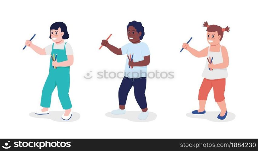 Drawing toddler semi flat color vector character set. Standing figure. Full body person on white. Family member isolated modern cartoon style illustration for graphic design and animation kit. Drawing toddler semi flat color vector character set