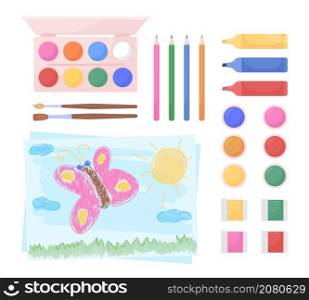 Drawing tools for children semi flat color vector object set. Realistic item on white. Lifestyle isolated modern cartoon style illustration for graphic design and animation collection. Drawing tools for children semi flat color vector object set