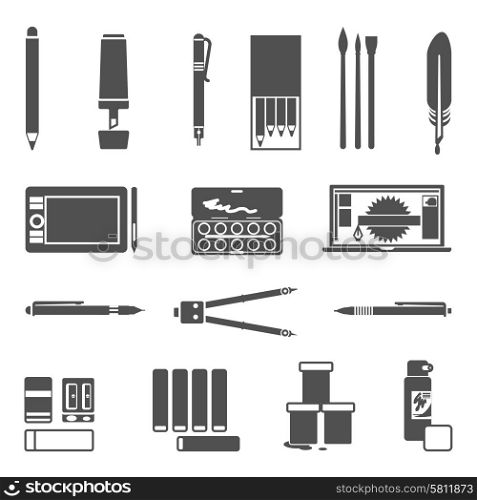 Drawing Tools Icon Set. Drawing and painter tools flat silhouette icon set isolated vector illustration