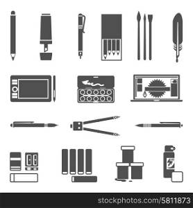 Drawing Tools Icon Set. Drawing and painter tools flat silhouette icon set isolated vector illustration