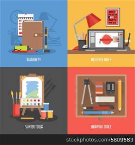Drawing Tools Icon Set. Drawing painter and designer tools flat color icon set isolated vector illustration