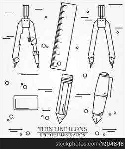 Drawing tools thin line icon set for web and mobile. Set includes- pair of compasses, ruler, eraser, pencil, penholder, nib pen icons. Modern minimalistic flat design. Vector dark grey.