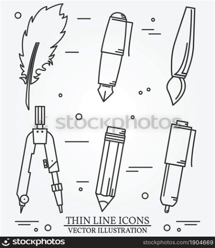 Drawing tools thin line icon set for web and mobile. Set includes- pair of compasses, brash, pencil, penholder, nib pen icons. Modern minimalistic flat design. Vector dark grey.