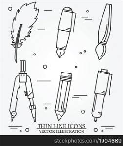 Drawing tools thin line icon set for web and mobile. Set includes- pair of compasses, brash, pencil, penholder, nib pen icons. Modern minimalistic flat design. Vector dark grey.