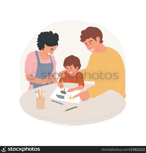 Drawing with parents isolated cartoon vector illustration Child drawing together with parent, art home activity, toddler creativity development, home education, parental care vector cartoon.. Drawing with parents isolated cartoon vector illustration