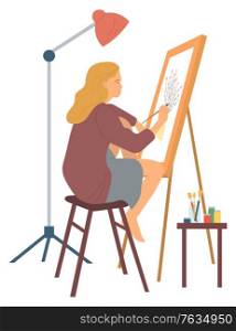 Drawing woman, hobby painter painting new picture. Isolated character with canvas and easel, paints and brushes of artist, leisure time interest. Vector illustration in flat cartoon style. Painting Woman, Female with Canvas and Brushes