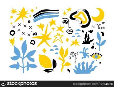 Drawings of botany and blooming flowers and leaves, foliage and face of woman. Stars and lemon, drops and crosses, circles and dots. Abstract artworks ornaments. Vector in flat style illustration. Abstract painting, face and blooming flower vector
