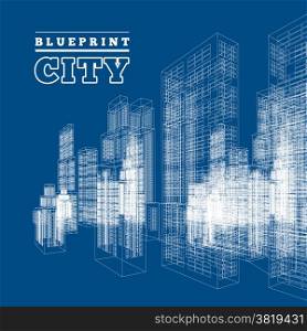 Drawings of skyscrapers and homes. Vector illustration isolated on blue background
