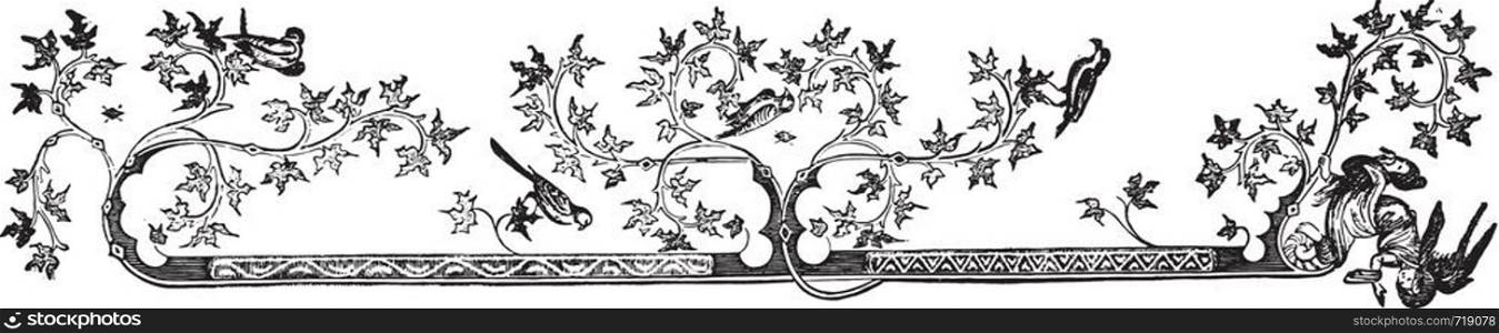 Drawn border of Hours of Louis of France, Duke of Anjou, King of Naples, Sicily and Jerusalem, vintage engraved illustration. Industrial encyclopedia E.-O. Lami - 1875.