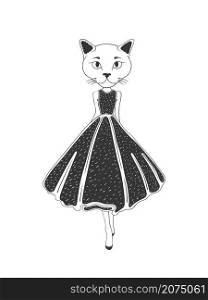 Drawn cat. Cat in dress. Illustration in sketch style. Vector image