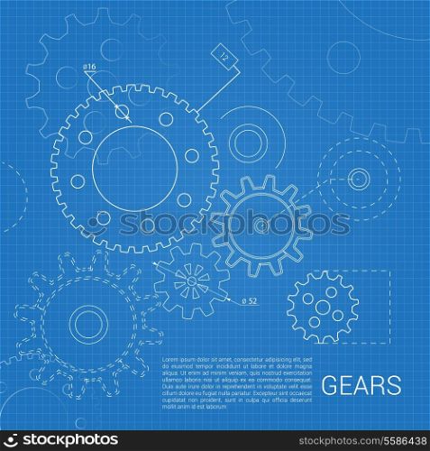 Drawn cogwheel gears mechanisms on squared background poster vector illustration