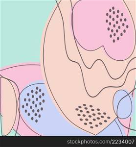 Drawn colorful abstract shapes. Doodle curve objects, wavy lines, dots. Modern trendy pattern background for print, banner, magazine, booklet, poster, vector illustration Pink blue pastel colors