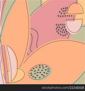 Drawn colorful abstract shapes. Doodle floral objects, petals lines, dots. Modern trendy spring pattern background. Print, banner, magazine, poster, vector illustration Orange pink green pastel colors