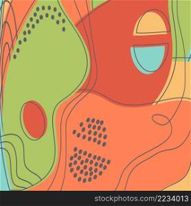 Drawn colorful abstract shapes. Doodle floral objects, petals lines, dots. Modern trendy spring pattern background. Print, banner, magazine, poster, vector illustration Red green orange pastel colors