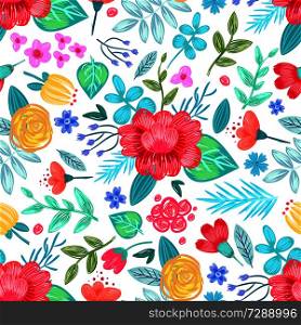 Drawn flowers seamless pattern on white background. Vector illustration with set of different colorful herbs and plants with green leaves drawn in pencil. Drawn Flowers Seamless Pattern Vector Illustration