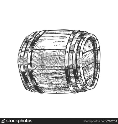 Drawn Lying Vintage Wooden Barrel Side View Vector. Monochrome Standard Barrel For Making, Storage And Shipping Alcoholic Beverage Rum Production. Closeup Black And White Cartoon Illustration. Drawn Lying Vintage Wooden Barrel Side View Vector
