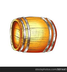 Drawn Lying Vintage Wooden Barrel Side View Vector. Monochrome Standard Barrel For Making, Storage And Shipping Alcoholic Beverage Rum Production. Closeup Color Illustration. Drawn Lying Vintage Wooden Barrel Side View Color Vector