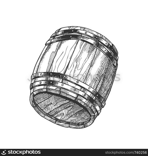 Drawn Old Oak Wooden Barrel For Beverage Vector. Traditional Barrel For Production, Storage And Delivery Whiskey. Closeup Equipment Of Distillery Plant Container Monochrome Cartoon Illustration. Drawn Old Oak Wooden Barrel For Beverage Vector