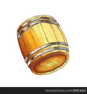 Drawn Old Oak Wooden Barrel For Beverage Vector. Traditional Barrel For Production, Storage And Delivery Whiskey. Closeup Equipment Of Distillery Plant Container Color Illustration. Drawn Old Oak Wooden Barrel For Beverage Color Vector