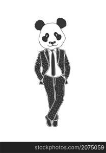 Drawn panda. Panda in a classic suit. Illustration in sketch style. Vector image
