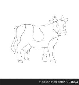 Drawn spotted cow. Educational card for children with farm animal. Coloring for kids. Vector drawn spotted standing cow on a light background. Educational card with domestic farm animal. Coloring for children.