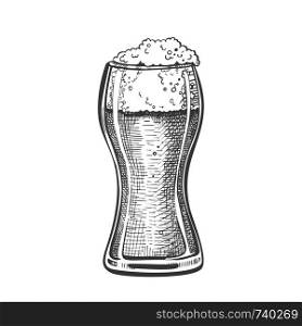 Drawn Standard Pub Glass With Foam Beer Vector. Glass With Pint Light Alcoholic Fresh Cold Brewery Beverage For Celebration Party. Closeup Monochrome Black And White Mockup Cartoon Illustration. Drawn Standard Pub Glass With Foam Beer Vector