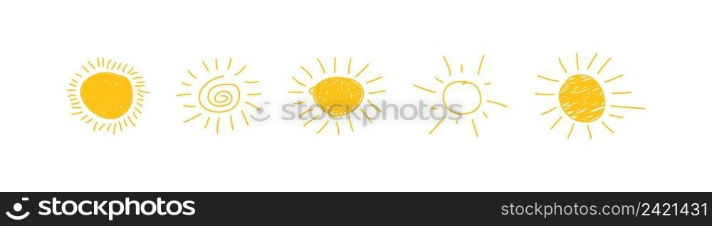 Drawn sun icon set. The sun is drawn by a child’s hand vector desing.