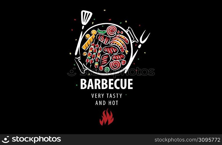 Drawn vector barbecue isolated on black background.. Drawn vector barbecue isolated on black background