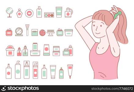 Drawn young girl with a red T-shirt ties her tail. A large set of simple items images of female cosmetics. Bath accessories and decorative cosmetics. Look after your appearance. Hand drawn style. The young girl does a hairstyle. A set of makeup and personal care products. Brand cosmetics