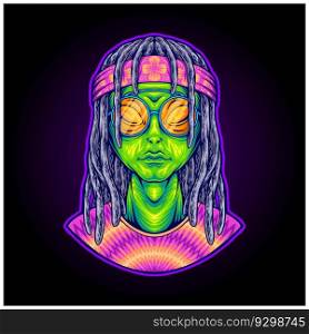 Dreadlock alien hippie wearing circle tie dye illustration vector illustrations for your work logo, merchandise t-shirt, stickers and label designs, poster, greeting cards advertising business company or brands