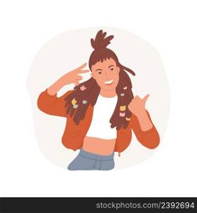 Dreadlocks isolated cartoon vector illustration Smiling and cute girl enjoying her dreadlock, teenagers portrait with new hairstyle, fashion teen showing ok and laughing vector cartoon.. Dreadlocks isolated cartoon vector illustration