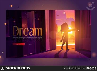 Dream banner. Concept of hope and imagination. Vector landing page of dreaming with girl silhouette open door to dark house on background of sunset landscape. Dream banner with girl open door at sunset