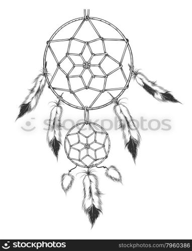 Dream catcher, traditional symbol of Native americans. Engraving style. Isolated on white.