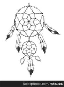 Dream catcher, traditional symbol of Native americans. Engraving style. Isolated on white.