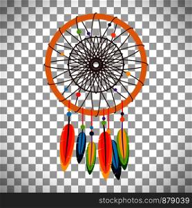 Dream catcher with feathers and beads in flat style isolated on transparent background. Dream catcher with feathers and beads