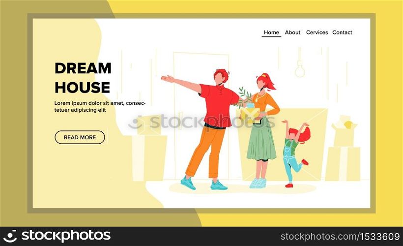 Dream House Apartment Moving Young Family Vector. Happy Parents Mother, Father And Daughter With Carton Boxes Settling In House. Characters Relocating Web Flat Cartoon Illustration. Dream House Apartment Moving Young Family Vector