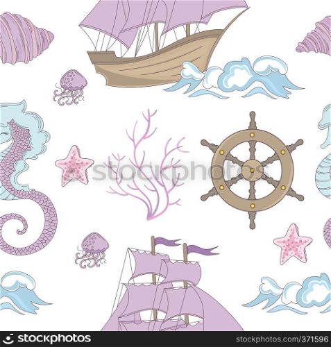 DREAM SHIP Ocean Cruise Seamless Pattern Vector Illustration